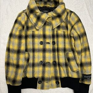 Le Chateau Yellow and Black Tartan Plaid Coat